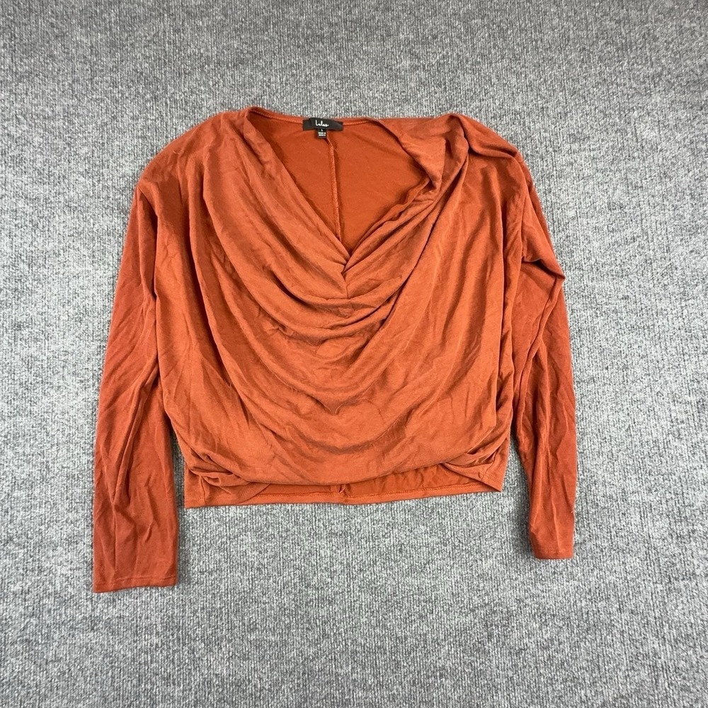 Lulus Blouse Womens Large Orange Draped Cowl Neck Long Sleeve Jersey Top